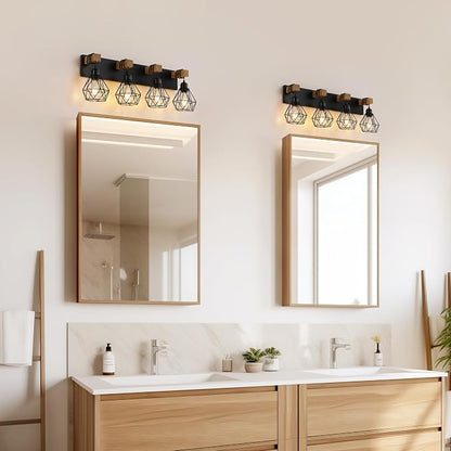 VbiTmn Bathroom Light Fixtures, 4 Light Black Farmhouse Wood Vanity Lights | Rustic Design, Diamond Metal Shades, Easy to Install, Wall Sconces for Bathroom, Bedroom, Makeup Area, Over Vanity Mirror
