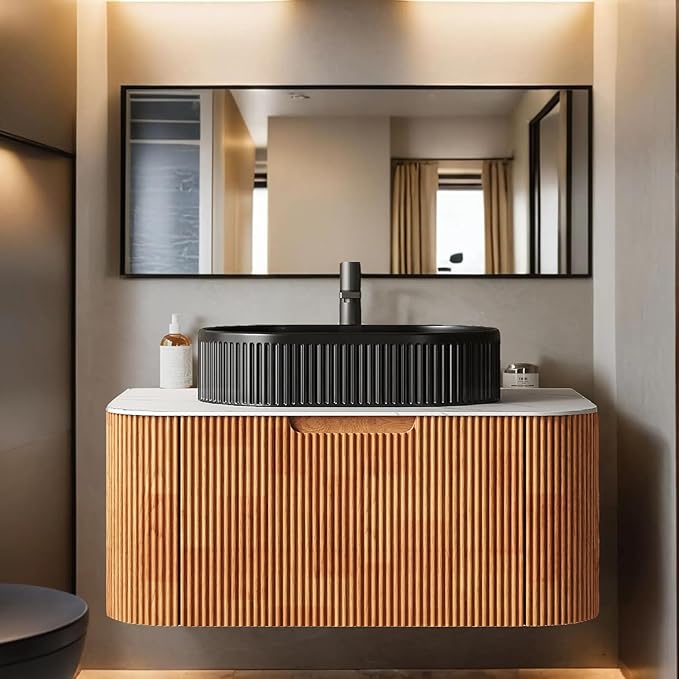 36 inch Floating Bathroom Vanity with Sink, Wall-Mount Cabinet with Ultra-Thin Ceramic Basin and Marble Top, Large Storage Drawer, Soft-Close Design, Nature Wood with Black