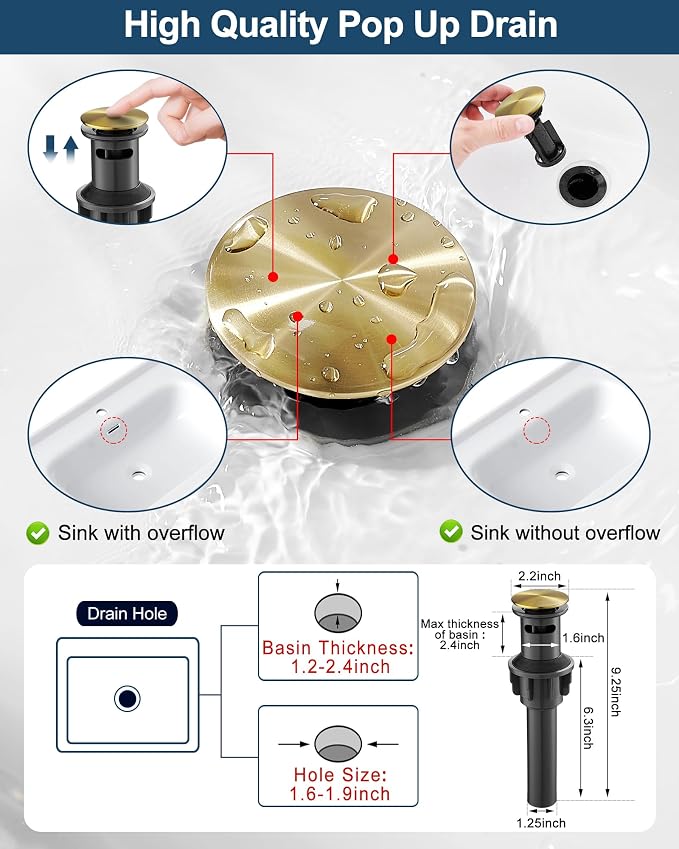 Brass Waterfall Faucet, Brushed Gold Bathroom Faucet, Single Handle for One Hole or 3 Holes 4 Inch with Pop-Up Drain, Pre-Installed Supply Hoses and Deck Plate for Vanity RV Farmhouse Modern