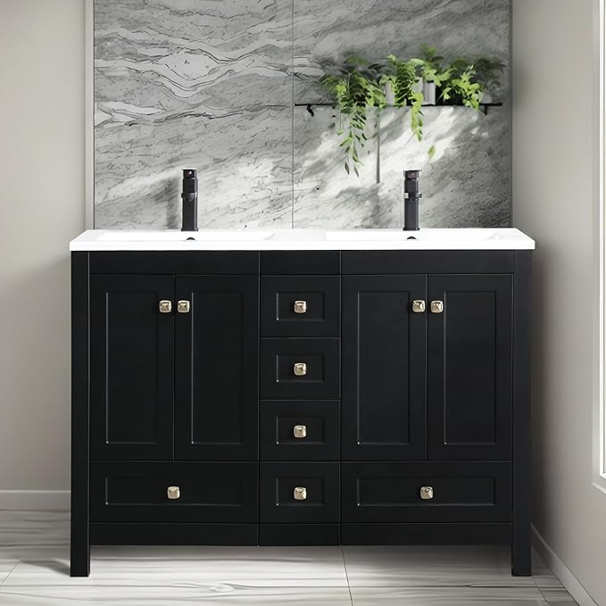eclife 48" Bathroom Vanities with Sink Combo, Modern Thickened Wood Bathroom Storage Cabinet w/Undermount Double Sink, Matte Black Faucet Drain, Painted Surface, Black