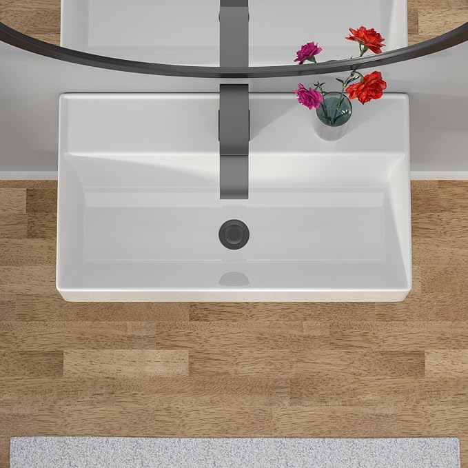 Wallmounted Bathroom Vessel Sink - 21"x12" Rectangular Floating Wall Hung Sinks Ceramic Wash Hand Basin White Wall Mount Vanity Sink for Modern Bathroom