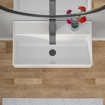 Wallmounted Bathroom Vessel Sink - 21"x12" Rectangular Floating Wall Hung Sinks Ceramic Wash Hand Basin White Wall Mount Vanity Sink for Modern Bathroom