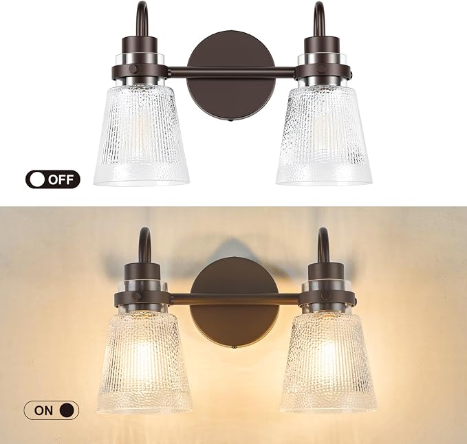 2-Light Bathroom Vanity Light, 13.8 Inch Farmhouse Bathroom Light Fixtures with Clear Striped Glass Shade, Oil Rubbed Bronze Wall Sconce Lighting Over Mirror for Bedroom Hallway Cabinet