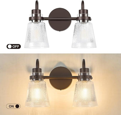2-Light Bathroom Vanity Light, 13.8 Inch Farmhouse Bathroom Light Fixtures with Clear Striped Glass Shade, Oil Rubbed Bronze Wall Sconce Lighting Over Mirror for Bedroom Hallway Cabinet