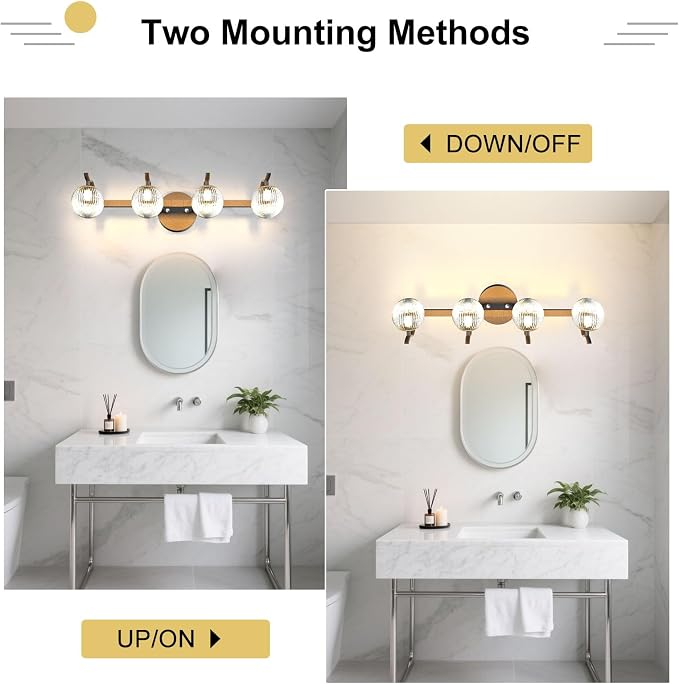 Lightdot Upgrade 4 Light Bathroom Vanity Light, 26" Modern Black Vanity Lights with Waterproof Crystal Ribbed Lampshade, Rust-Proof Bathroom Light Fixtures Over Mirror for Kitchen Hallway Cabinet