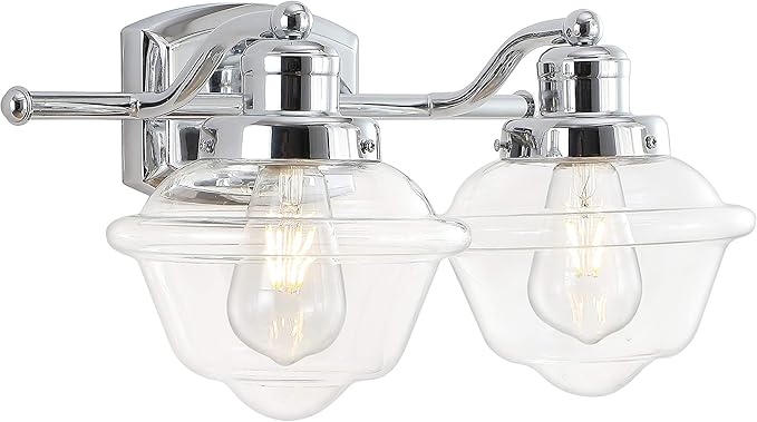 JONATHAN Y 16.75" Chrome Schoolhouse LED Vanity Light, Mid-Century Wall Sconce for Bathroom Kitchen Hallway, Clear Glass Shade, 2700K LED Bulb Included (JYL3531A)