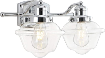 JONATHAN Y 16.75" Chrome Schoolhouse LED Vanity Light, Mid-Century Wall Sconce for Bathroom Kitchen Hallway, Clear Glass Shade, 2700K LED Bulb Included (JYL3531A)