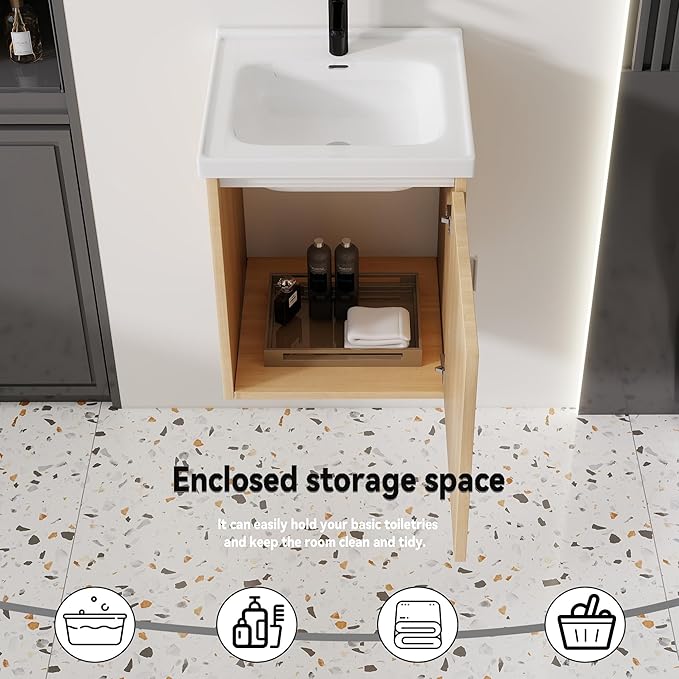 16'' Bathroom Vanity with Ceramic Sink Combo, Wall Mounted Small Bathroom Vanity with Soft-Close Door Modern Floating Cabinet, Pop-up Drain, P-Trap Included, Walnut(No Faucet)