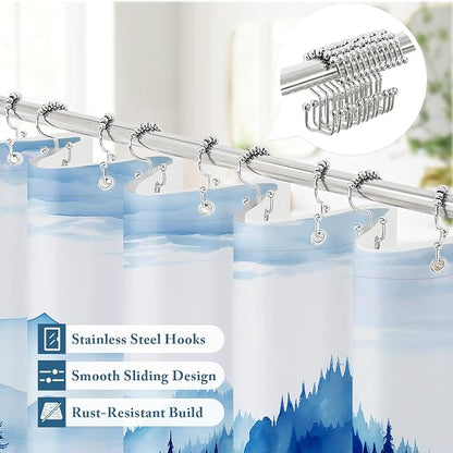 3 in 1 Navy Blue Forest Shower Curtain Set, Modern Spring Shower Curtain and PEVA Liner Set with 12 Stainless Steel Shower Curtain Hooks, Waterproof Fabric Shower Curtains for Bathroom, 72 W x 72 H