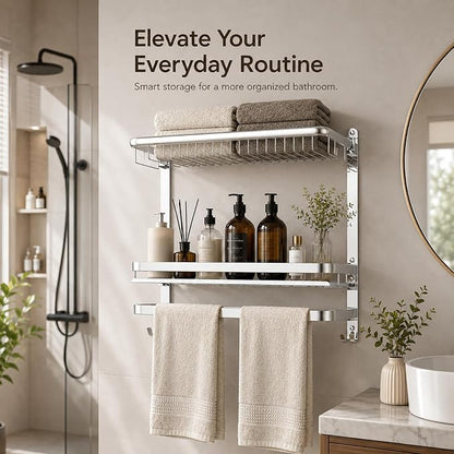 23 Inch Towel Rack for Bathroom with 3 Tier Shelf Double Bar Hook (Silvery) | 90 Degree Foldable Top Design, Wall Mounted Storage Shelf of 304 Stainless Steel, No Drill or Screw Installation