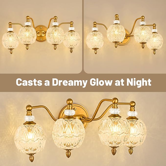 Vintage Bathroom Vanity Light, 4-Light Mid Century Matte Brass Finish Wall Sconce with Globe Glass Shades, Retro Mirror Light for Bathroom, Powder Room