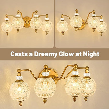 Vintage Bathroom Vanity Light, 4-Light Mid Century Matte Brass Finish Wall Sconce with Globe Glass Shades, Retro Mirror Light for Bathroom, Powder Room