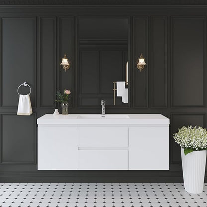 Modern 60" Floating Bathroom Vanity with Sink | Advanced Wall-Mounted Cabinet, Resin Top Basin, Soft Close Drawers | Easy to Install Glossy White