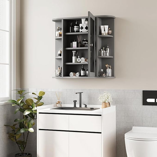 Shintenchi Bathroom Wall Cabinet with Mirror, Mounted Medicine Cabinets with 4 Internal and 6 Open Shelves, Mirrored Door Over the Toilet Storage, Gray