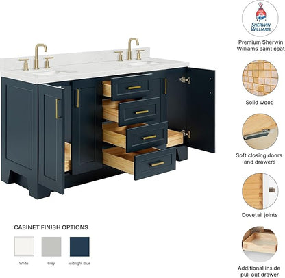 DKB Emilia 66-Inch Midnight Blue Double Bathroom Vanity with Rectangular Sinks, 1.5-Inch Carrara Quartz Countertop & Backsplash, 4 Soft Closing Doors, 6 Dovetail Drawers, Toe Kick, Satin Brass