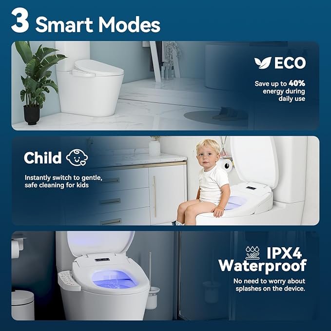 Smart Heated Toilet Seat for Elongated V-Shaped Toilets – Bidet Warm Water Wash, Self-Cleaning Nozzle, Warm Air Dryer, Deodorizer, Soft-Close Lid, LED Night Light & Touch Panel, Easy Install