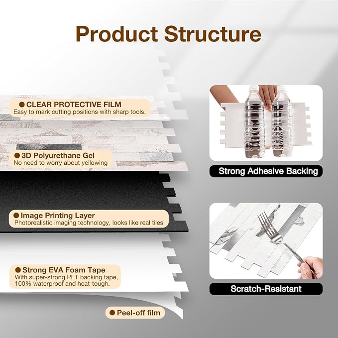 Peel and Stick Backsplash Tile Waterproof Removable PVC Wall Sticker 3D Faux Stone Marble Brick White Accent Panels (Polished Eurasia Silver - Gray, 20 Tiles - 9 sq. ft. (0.84 M²))