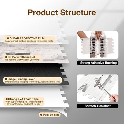 Peel and Stick Backsplash Tile Waterproof Removable PVC Wall Sticker 3D Faux Stone Marble Brick White Accent Panels (Polished Eurasia Silver - Gray, 20 Tiles - 9 sq. ft. (0.84 M²))