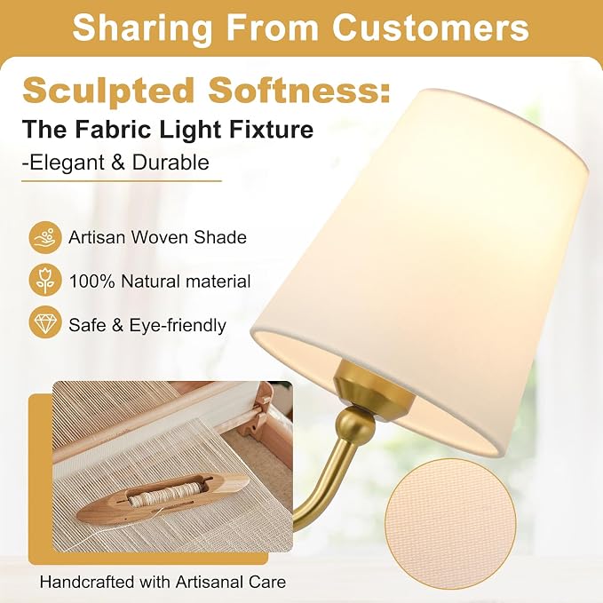 Bathroom Light Fixtures, 3-Light Brushed Gold Vanity Lights, 25" Bathroom Lighting Fixtures Over Mirror with White Flared Fabric Shade, Modern Wall Sconces for Bathroom Bedroom Living Room Hallway