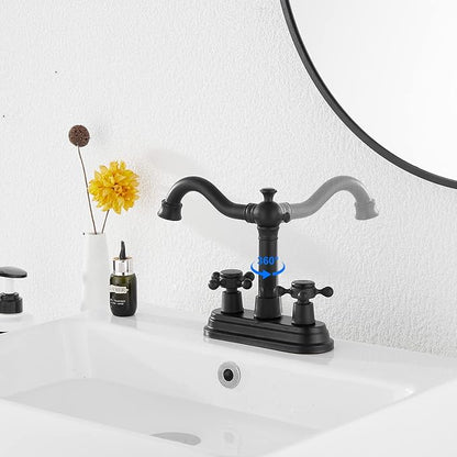 Bathroom Faucet Matte Black GGStudy 2 Handles 4 Inches Centerset Bathroom Vanity with Drain Assembly and Supply Hose Lavatory Faucet Mixer Double Handle Tap