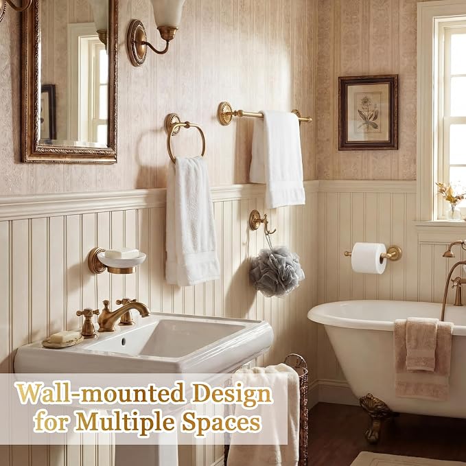 6 Pcs Antique Brass Gold Bathroom Hardware Set, Adjustable Towel Bar Holder (15.7-26.7 Inch), Toilet Paper Holder, Robe Hook, Toilet Brush & Soap Dish, Vintage Wall Mounted Accessories