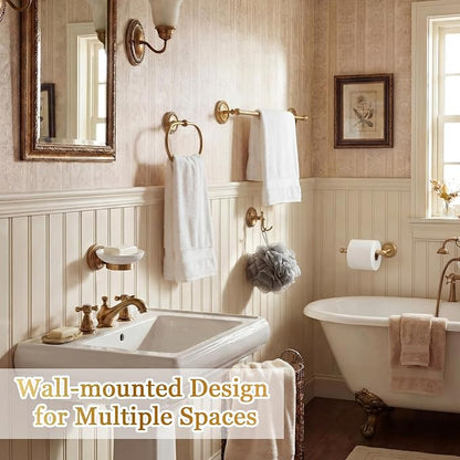 6 Pcs Antique Brass Gold Bathroom Hardware Set, Adjustable Towel Bar Holder (15.7-26.7 Inch), Toilet Paper Holder, Robe Hook, Toilet Brush & Soap Dish, Vintage Wall Mounted Accessories