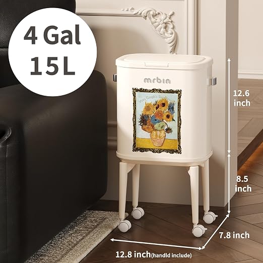 MRBIN Metal Slim Bathroom Trash Can with Legs and Wheels, 15L / 4gal Toilet Press Lid Waste Basket, Covered Office Garbage Pail for Near Desk, Narrow Vanity, Rvs, Kitchen, Sunflower