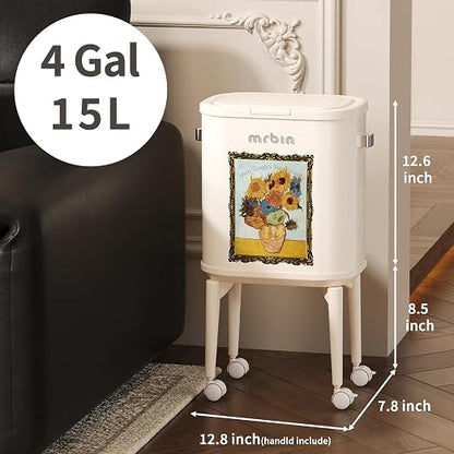 MRBIN Metal Slim Bathroom Trash Can with Legs and Wheels, 15L / 4gal Toilet Press Lid Waste Basket, Covered Office Garbage Pail for Near Desk, Narrow Vanity, Rvs, Kitchen, Sunflower