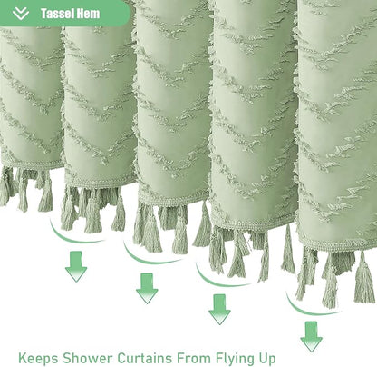 Stall Boho Shower Curtain Tufted Chevron 36"x72" Sage Green | Narrow Half Size, Elegant Tassel, Lightweight Textured Fabric, Water Repellent, Washable, for Small Bathroom/Dorm 6 Hooks