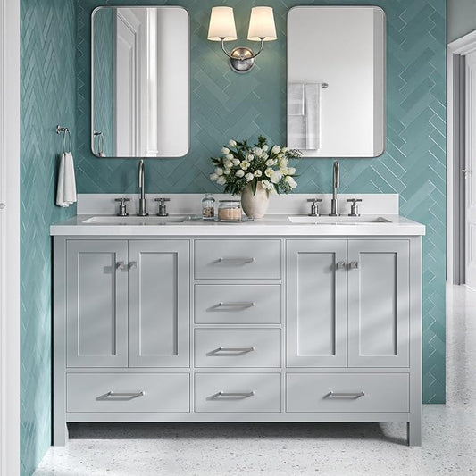 DKB Beckford 60-Inch Grey Double Bathroom Vanity with Sink, Solid Wood Base, 1.5-Inch White Quartz Countertop & Backsplash, Rectangular Undermount Sinks, 4 Soft Closing Doors, 6 Drawers