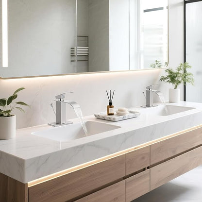 Brushed Nickel Bathroom Faucet with Lift Rod Drain, Waterfall Bathroom Sink Faucet Modern Single Handle Bathroom Faucte 1 or 3 Hole, RV Mixer Tap Vanity Faucet Washbasin Faucet with Deck