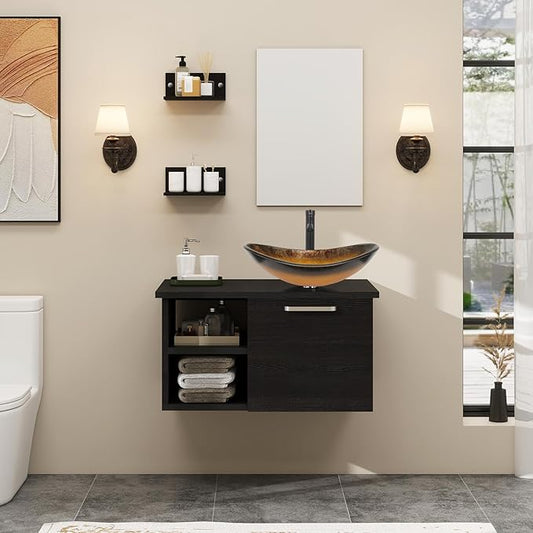 YOURLITE 28" Wall Mounted Bathroom Vanity Modern Lavatory Wood Cabinet with Mirror Oval Gold Boat Tempered Glass Sink Combo Vanities Set