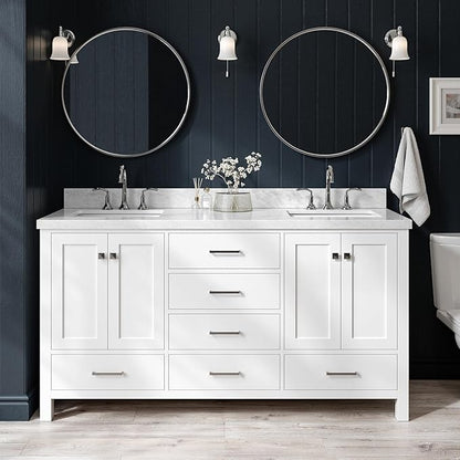 ARIEL Cambridge 66-inch Bathroom Vanity with Sink,Solid Wood, 1.5-inch Italian Carrara Marble Countertop, Double Rectangular Porcelain Sink, 4 Soft Closing Doors, 6 Dovetail Drawers, White