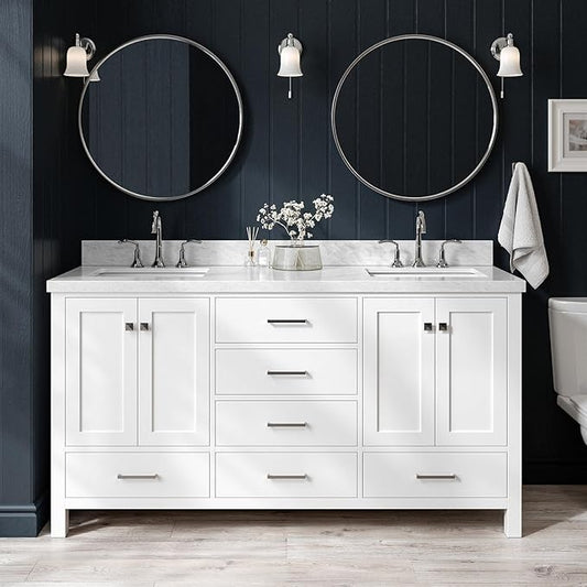 ARIEL Cambridge 66-inch Bathroom Vanity with Sink,Solid Wood, 1.5-inch Italian Carrara Marble Countertop, Double Rectangular Porcelain Sink, 4 Soft Closing Doors, 6 Dovetail Drawers, White