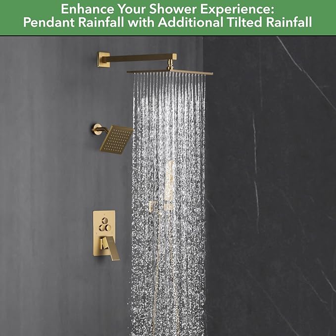 VANFOXLE Shower Faucet Set Brushed Gold Shower System,Push Button Diverter Shower Faucet with 2 in 1 Handheld, Wall Mount Increased Thickness 10 Inch Shower Head with 6 Inch Shower Head