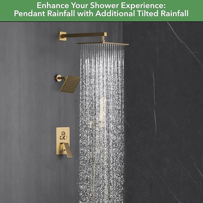 VANFOXLE Shower Faucet Set Brushed Gold Shower System,Push Button Diverter Shower Faucet with 2 in 1 Handheld, Wall Mount Increased Thickness 10 Inch Shower Head with 6 Inch Shower Head