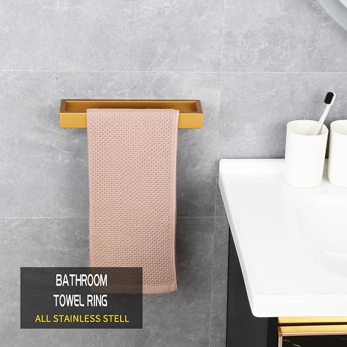 GERZWY Gold Stainless Steel Towel Holder Towel Hanger Towel Ring for Bathroom Lavatory Wall Mount Contemporary Style