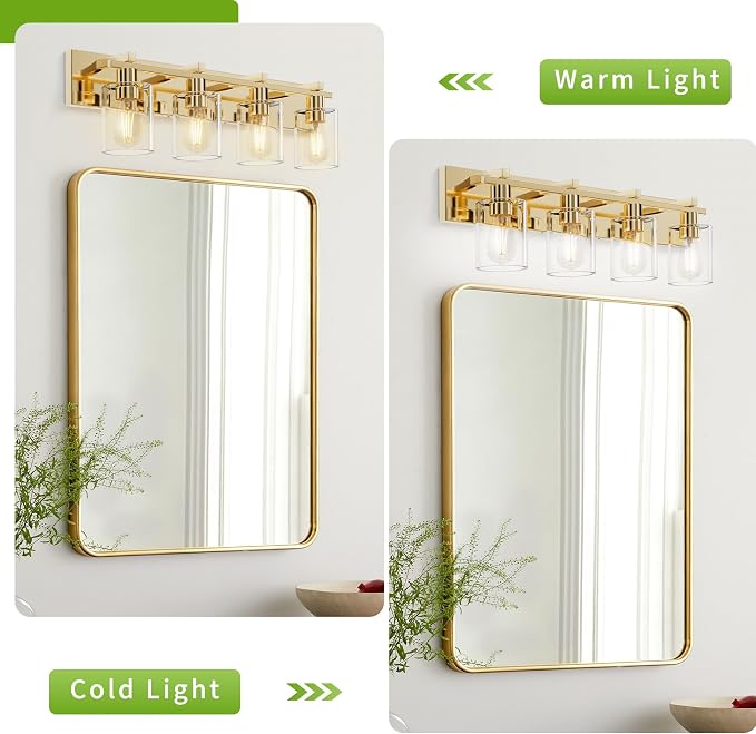 4-Light 30inch Brushed Gold Vanity Light, Thickened Clear Glass | Over Mirror for Bathroom, Rust Resistant, E26 Base, Easy Install, Removable Glass Shade Horizontal Mount, Dimmable