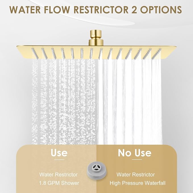 12 x 8 Inch Rectangle Rain Shower Head Brushed Gold, All Metal Stainless Steel 304, Full Body Rainfall Shower with 112 Silicone Nozzles, High Flow Waterfall Showerheads