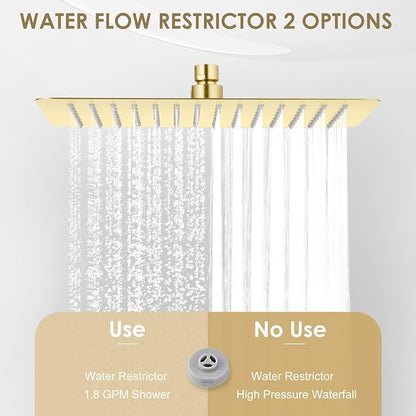 12 x 8 Inch Rectangle Rain Shower Head Brushed Gold, All Metal Stainless Steel 304, Full Body Rainfall Shower with 112 Silicone Nozzles, High Flow Waterfall Showerheads