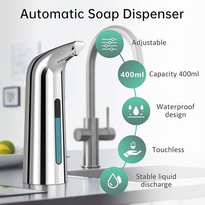 Automatic Liquid Soap Dispenser, 4-Level,Rechargeable | Plastic,13.5oz/400ml Silver Touchless Electric Hand & Dish Countertop Soap Dispensers with Sensor for Bathroom,Kitchen Sink
