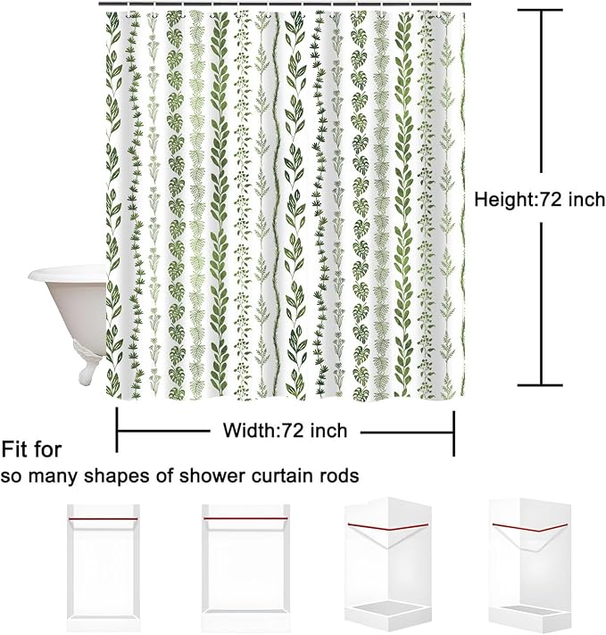 Boho Shower Curtain Waterproof Fabric Bath Curtain with Hooks 72x72 inch，Sage Green Modern Farmhouse Bathroom Decor