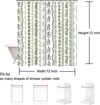 Boho Shower Curtain Waterproof Fabric Bath Curtain with Hooks 72x72 inch，Sage Green Modern Farmhouse Bathroom Decor