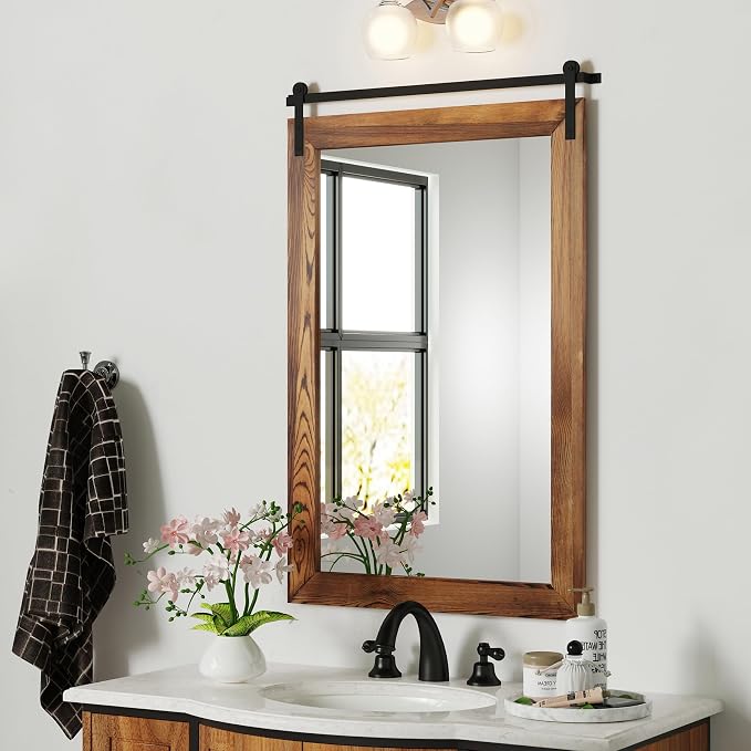 COGOOD Farmhouse Bathroom Mirrors for Over Sink - 38 x 25 Brown | Rustic Barn Door Wood Framed Vanity Mirror for Entryway, Living Room, Bedroom, Dresser Wall Decor
