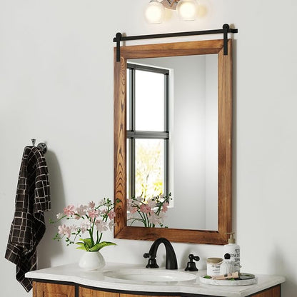 COGOOD Farmhouse Bathroom Mirrors for Over Sink - 38 x 25 Brown | Rustic Barn Door Wood Framed Vanity Mirror for Entryway, Living Room, Bedroom, Dresser Wall Decor
