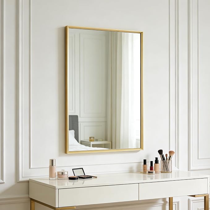 Bathroom Mirror 30" x 20" Brushed Gold Beveled Framed Mirror for Over Sink | Rectanglar Modern Farmhouse Wall Mirror, Tempered Glass, Anti-Rust, Hangs Horizontally or Vertically