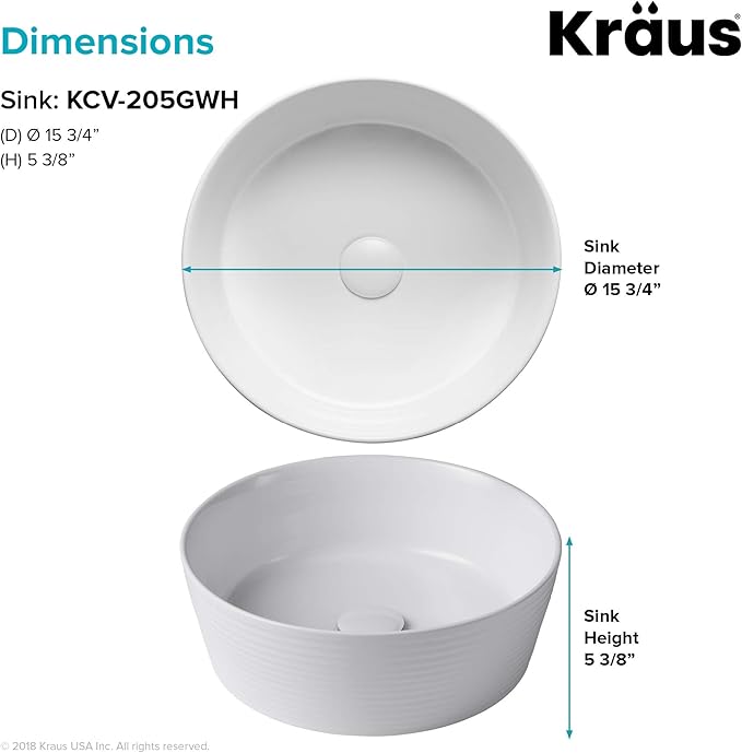 KRAUS Viva™ Round White Porcelain Ceramic Vessel Bathroom Sink, 15 3/4 in. D x 5 3/8 in. H, KCV-205GWH