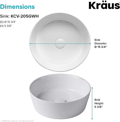 KRAUS Viva™ Round White Porcelain Ceramic Vessel Bathroom Sink, 15 3/4 in. D x 5 3/8 in. H, KCV-205GWH