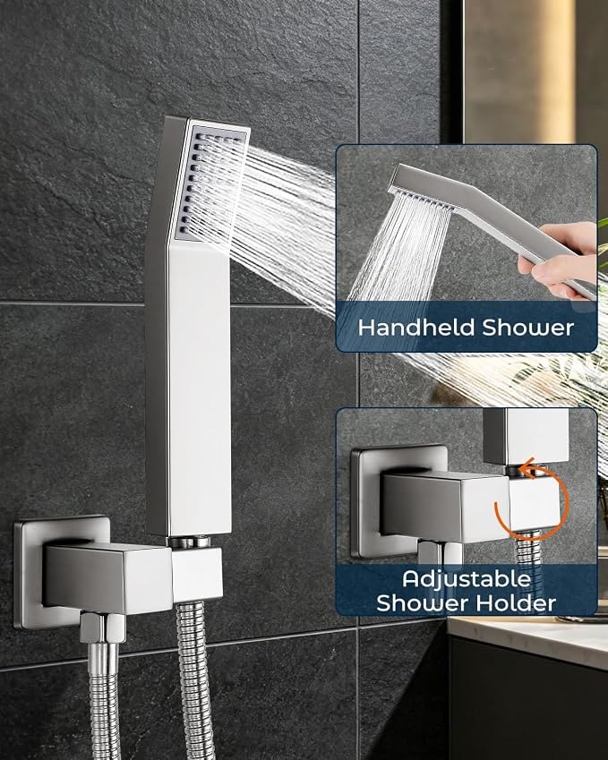 Rain Shower Faucet Set, 10" Top + 6" Side Head, Brushed Nickel | 3-head set w/ valve, SUS304 anti-freeze, 6 spray modes, self-clean nozzles