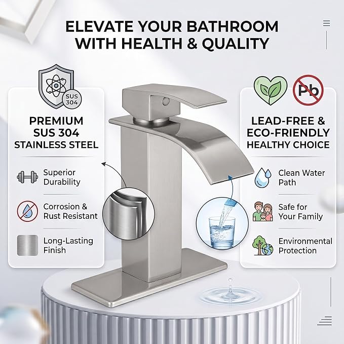 VOTON Waterfall Bathroom Faucet, Brushed Nickel 1-Hole with Deck & Drain | | SUS304 Stainless Steel | Rust-Resistant | Waterfall Flow